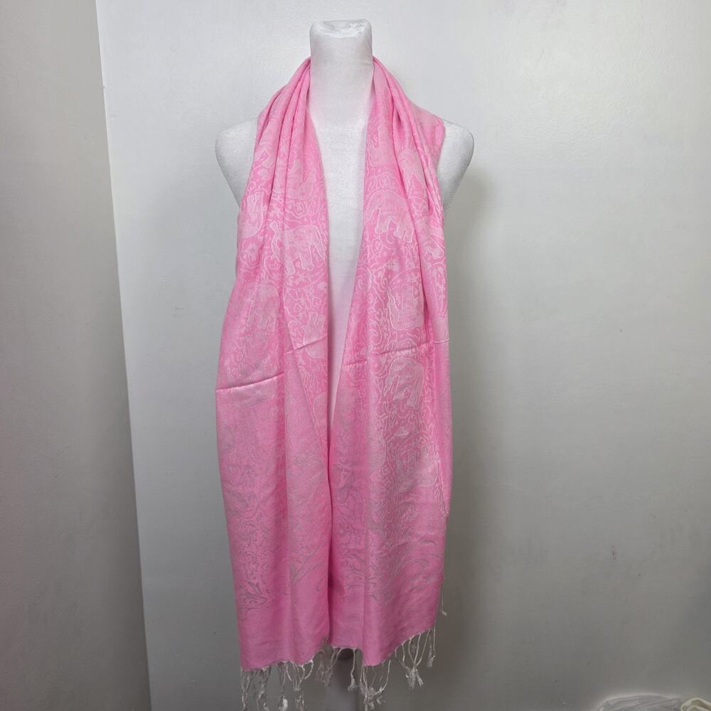 100% Pashmina Cashmere Pink White Elephant Print Tassels‎ Long Soft Scarf Wrap